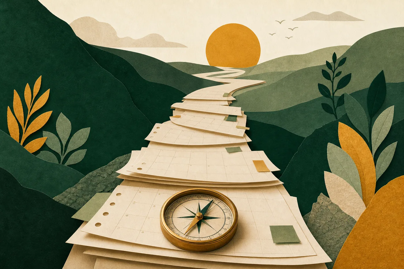 Illustration of a compass on layered planning pages leading toward a calm horizon