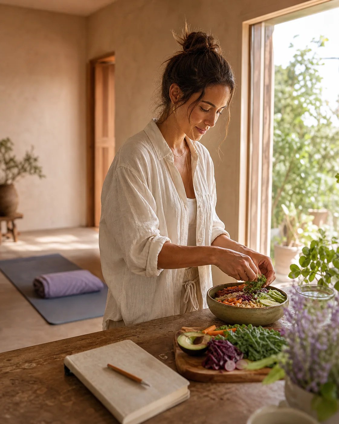 A woman preparing a nourishing meal in a calm sunlit home with a yoga mat and journal nearby